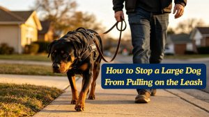 Large Rottweiler mix wearing a front-clip harness for leash training